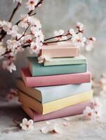 Pastel Colored Books Stacked With Delicate Spring Blossoms Creating a Serene and Inviting Atmosphere in a Cozy Nook photo