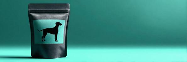 Sleek Pouch Packaging Design Mockup Featuring a Dog Silhouette Against a Faded Turquoise Background photo
