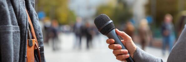 Journalist Interviews Pedestrian on the Street While Capturing Public Opinion in a Bustling Urban Area During a Sunny Day photo