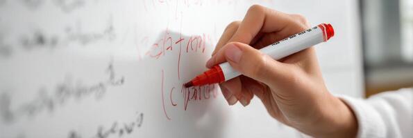 Teacher Writing on a Whiteboard With Colorful Markers During a Classroom Lesson in the Morning photo