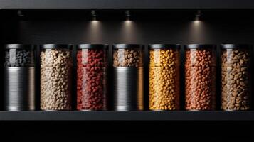 Pet Food Displays in High Contrast With Canned Options on Dark Shelf Under Soft Lighting for Easy Visibility and Selection photo