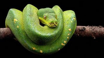 Bright Green Tree Python Coiled on Branch Showcasing Vibrant Colors and Intricate Patterns Set Against a Dark Background photo