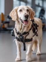 Golden Retriever in Harness for Mobility Training During Recovery in a Minimal Indoor Environment With Training Equipment photo