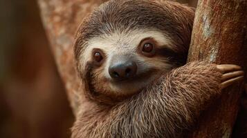 Sloth Embraces Tree Branch in Warm Rainforest, Showcasing Unique Wildlife and Serene Habitat photo