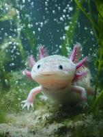 Aquatic Axolotl Exploring a Clean Environment With Light Bubbles and Lush Green Plants photo