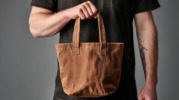 Hand Holding a Brown Canvas Tote Bag Against a Grey Background With Focus on the Bag and Part of a Mans Arm photo