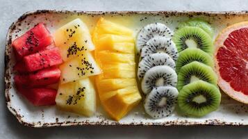 Colorful Display of Sliced Tropical Fruits Arranged on a Ceramic Plate With an Empty Space for Presentation photo