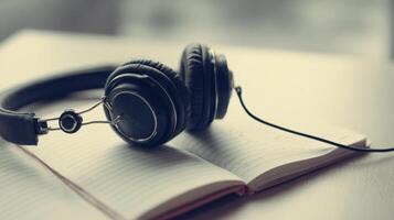Headphones Rest on an Open Notebook Symbolizing Quiet Reflection and Listening During a Study Session photo