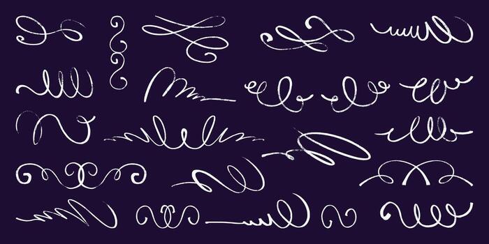 White Squiggle Pencil Line Collection. Thin doodle of abstract strokes in hand drawn style. Smears with grungy charcoal texture vector