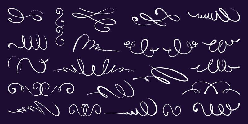 White Squiggle Pencil Line Collection. Thin doodle of abstract strokes in hand drawn style. Smears with grungy charcoal texture