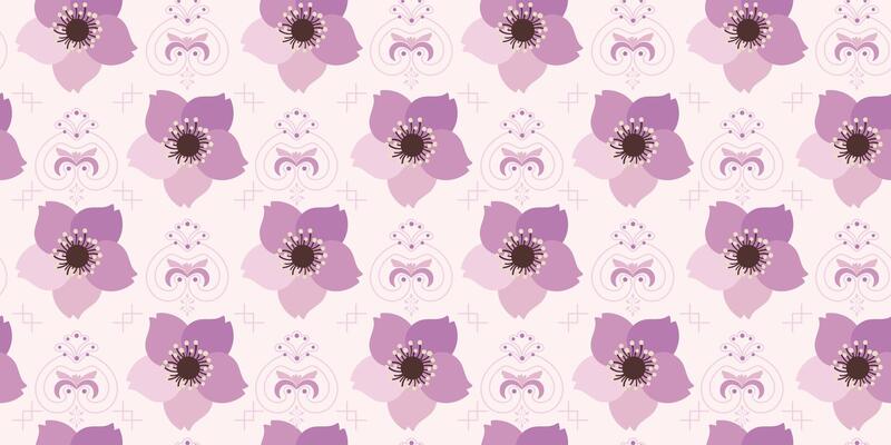 Elegant Seamless Floral Chinese Pattern with Violet Flowers and Geometric Background Motifs. Ideal for fabric, packaging, web, cards, illustrations