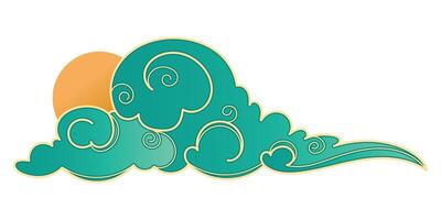 Japanese and Chinese Creative Cloud With Swirls and Wavy Outlines. Sky with blue clouds and sun. Abstract cloud icon in oriental style. vector