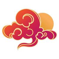 Japanese and Chinese Creative Cloud With Hand Drawn Swirls and Wavy Outlines Isolated on White Background. Sky with blue clouds and sun. Abstract cloud icon in oriental style. vector