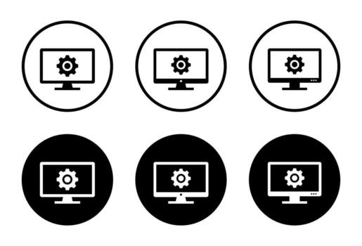 computadora monitor con engranaje icono colocar. sistema configuración y ajustes símbolo en negro circulo vector