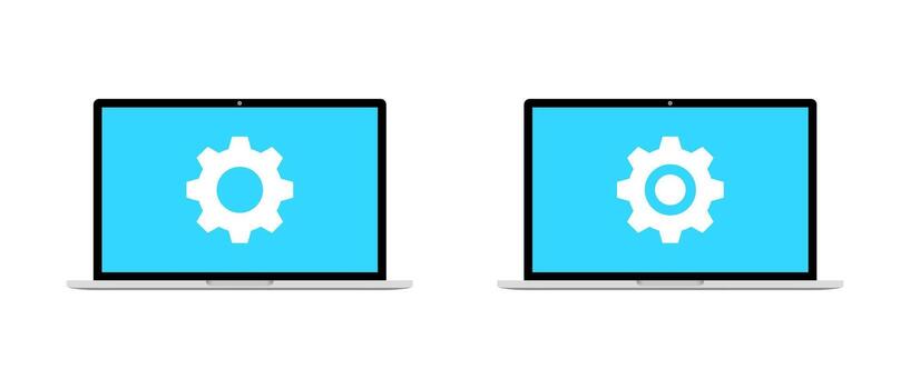 moderno plano ordenador portátil con ajustes engranaje icono. cuaderno computadora configuración concepto vector
