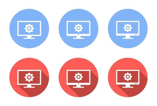 computadora monitor con engranaje icono colocar. sistema configuración y ajustes concepto con largo sombra vector