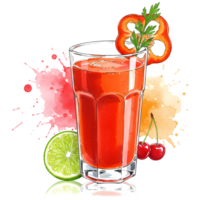 Glass of juice with pepper garnish, lime, and cherries against colorful paint splatter design art on transparent background png