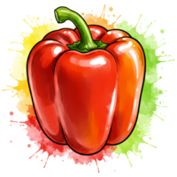 A vibrant red bell pepper with a green stem surrounded by colorful watercolor splashes of yellow and green on transparent background png
