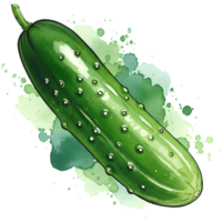 A single green cucumber with small bumps and a stem on a watercolor splash style transparent area on transparent background png
