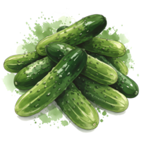 A pile of green cucumbers with watercolor style shading and a transparent surrounding area around them on transparent background png