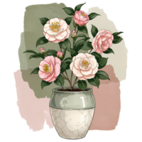A watercolor style painting of pink camellias in a cracked vase against a muted green and pink wall on transparent background png