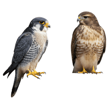 Due uccelli di preda arroccato lato di lato con diverso piume modelli contro un' solido colore spazio su trasparente sfondo png