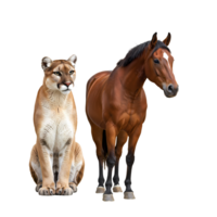 A cougar sitting next to a brown horse standing upright in a digitally created composition image view on transparent background png