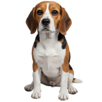 A beagle dog with brown and white fur is sitting and looking forward with a plain color behind him on transparent background png