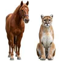 Chestnut horse standing beside a seated cougar looking forward in a portrait style image shot on transparent background png