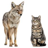 A coyote standing next to a tabby cat on a transparent image looking to the right side of the frame on transparent background png