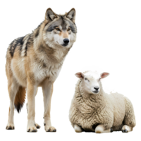 A standing wolf and a resting sheep are positioned together in a composition on a plain setting on transparent background png
