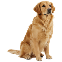 A golden retriever sitting with a neutral expression on a plain color isolated background studio shot on transparent background png