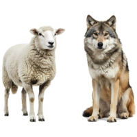 A white sheep standing next to a seated gray wolf against a transparent or alpha channel background on transparent background png
