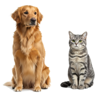 A golden retriever dog sitting next to a grey tabby cat looking forward on a transparent setting area on transparent background png