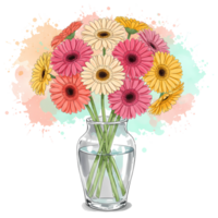 A clear vase filled with water holding a bouquet of gerbera daisies with a colorful painted effect behind on transparent background png