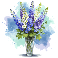 A watercolor painting of delphinium flowers in a glass vase against a soft blue and green background on transparent background png