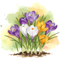 A watercolor painting of colorful crocus flowers with green leaves and a light watercolor wash effect on transparent background png