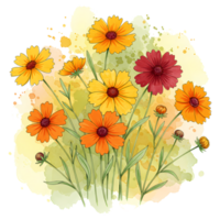Watercolor depiction of yellow, orange, and red flowers with green stems and leaves on a light background on transparent background png