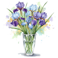 Arrangement of purple and blue iris flowers in a glass vase with water, watercolor style painting art on transparent background png