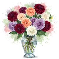 A bouquet of colorful dahlias in a clear glass vase against a soft watercolor style splash backdrop on transparent background png