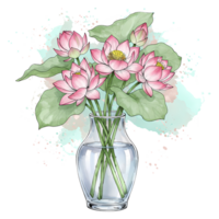 A vase filled with several pink lotuses and green leaves against a watercolor style background art piece on transparent background png