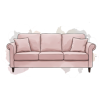 A light pink sofa with three cushions and two pillows on a transparent digital rendering style image on transparent background png