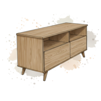 A wooden console table with two drawers and two open shelves on a white and gray mottled surface on transparent background png