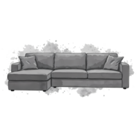 A sectional sofa with pillows in a neutral tone against a simple backdrop in a watercolor style art on transparent background png