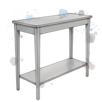 A light gray table with a shelf underneath, viewed from a perspective angle on a transparent space on transparent background png