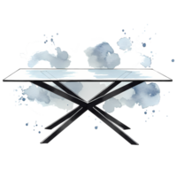 A stylized rendering of a table with a white top and a geometric base on a watercolor style design on transparent background png
