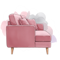 A cozy pink sofa with pillows and wooden legs against a watercolor cloud like background design art on transparent background png