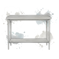 A simple rendering of a light gray table with two shelves against a white and gray mottled area on transparent background png