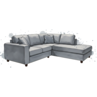 Sectional sofa with pillows and chaise lounge in a watercolor style against a plain background on transparent background png