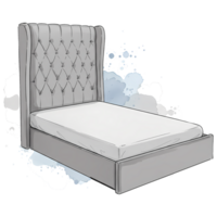 A gray bed with a tall tufted headboard and a white mattress in a watercolor style drawing style on transparent background png
